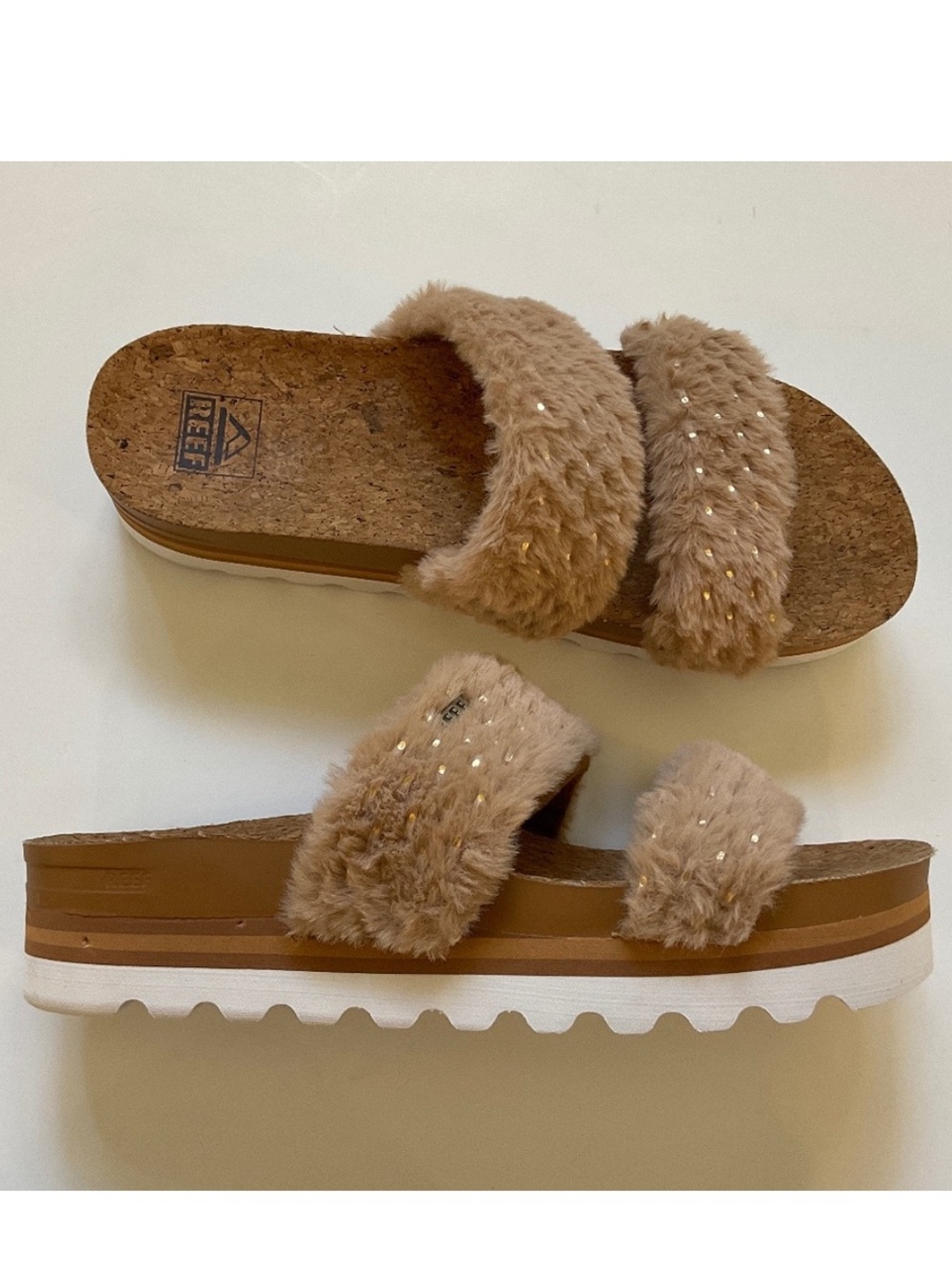 REEF Vista Hi Cozy Faux Fur Slip On Platform Sandal Size 9